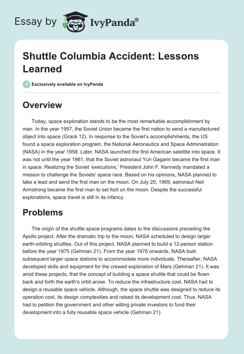 Shuttle Columbia Accident: Lessons Learned. Page 1