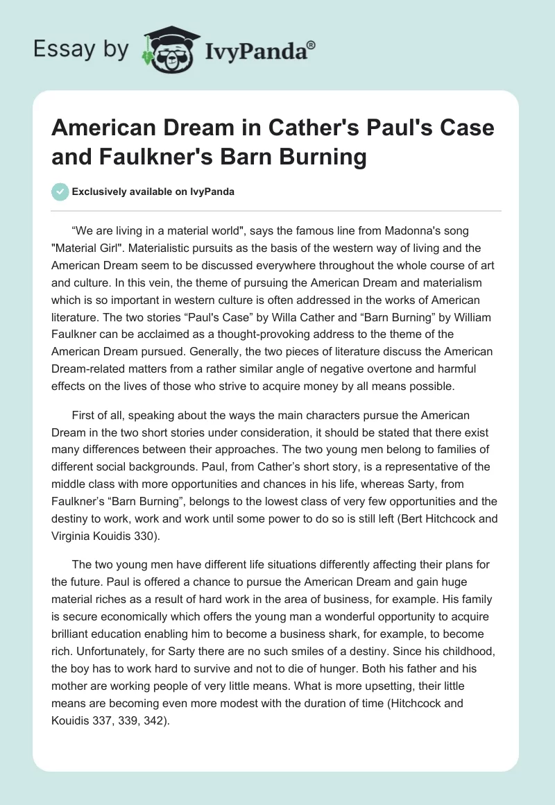 American Dream in Cather's "Paul's Case" and Faulkner's "Barn Burning". Page 1