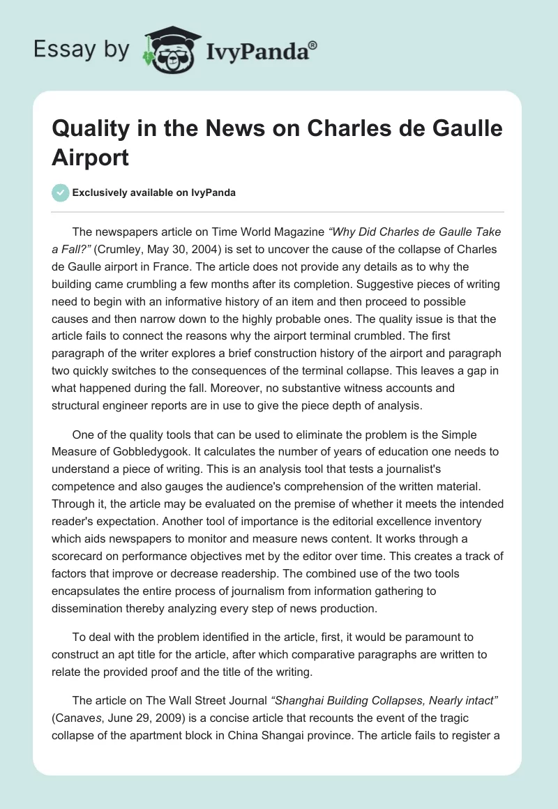 Quality in the News on Charles de Gaulle Airport. Page 1