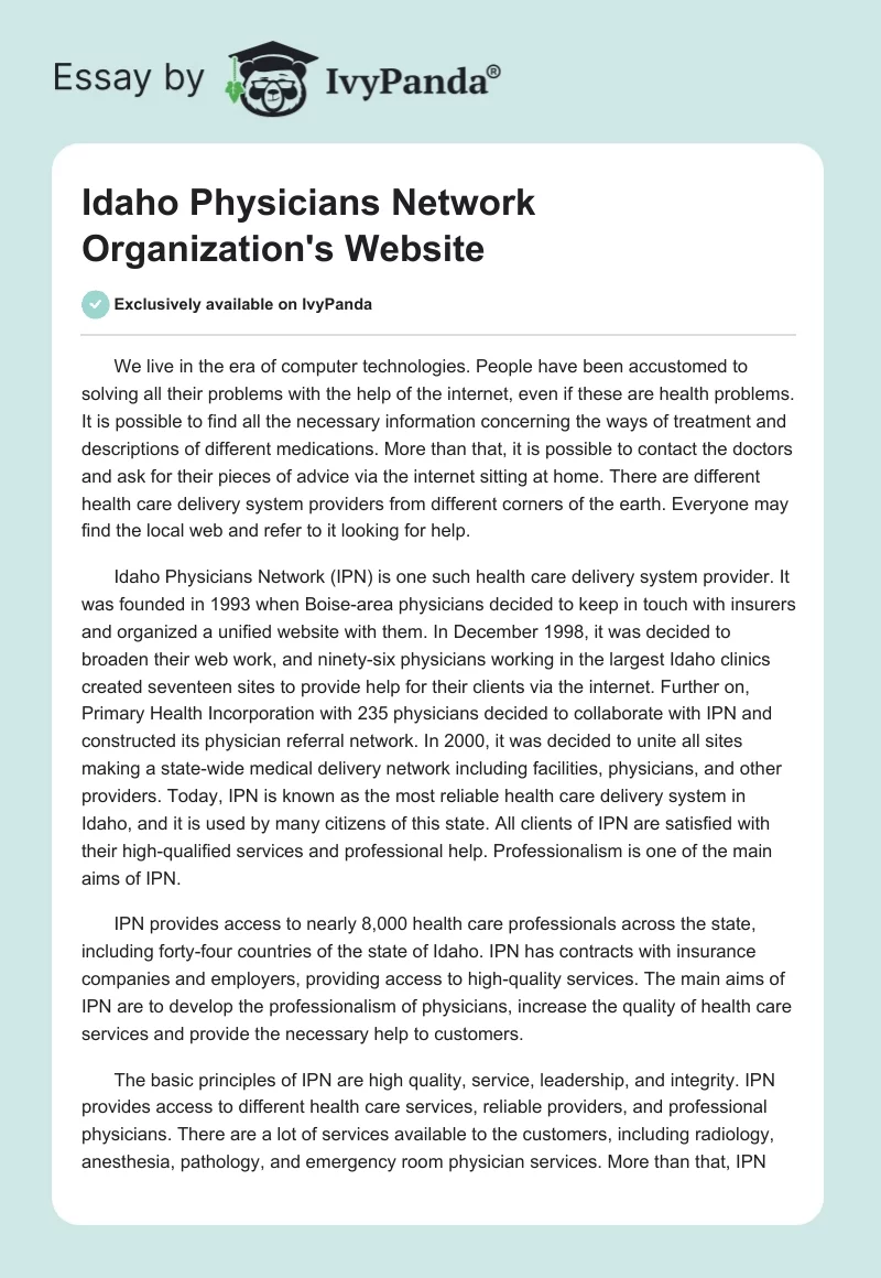 Idaho Physicians Network Organization's Website. Page 1