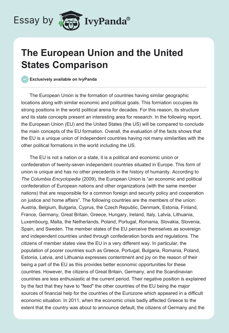 The European Union and the United States Comparison. Page 1