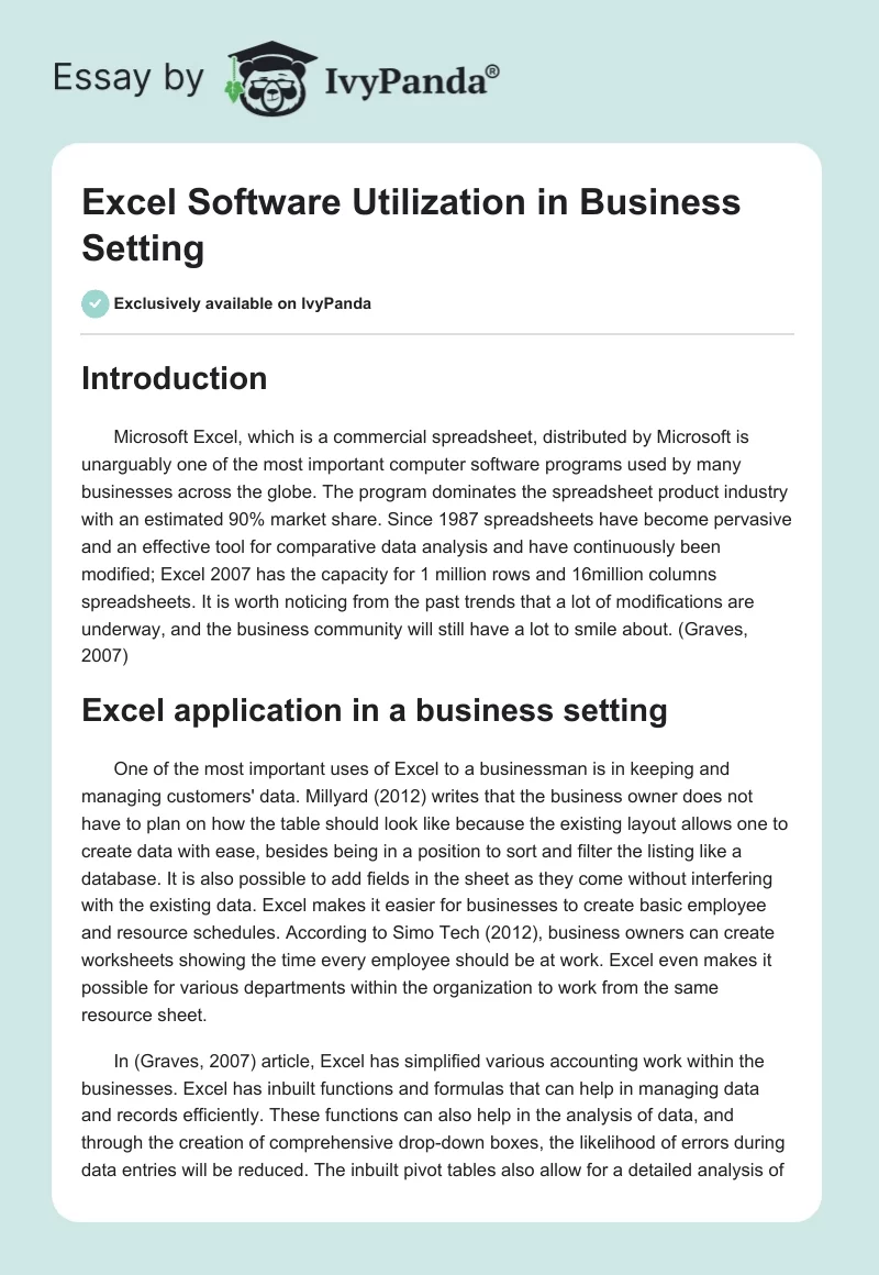 Excel Software Utilization in Business Setting. Page 1