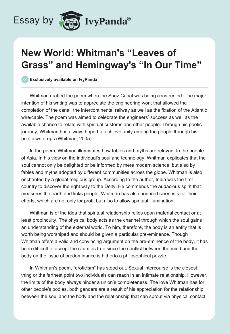 New World: Whitman's “Leaves of Grass” and Hemingway's “In Our Time”. Page 1