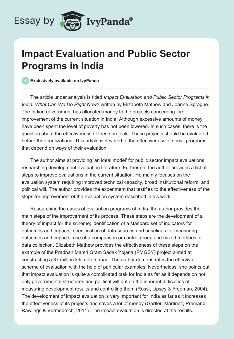 Impact Evaluation and Public Sector Programs in India. Page 1