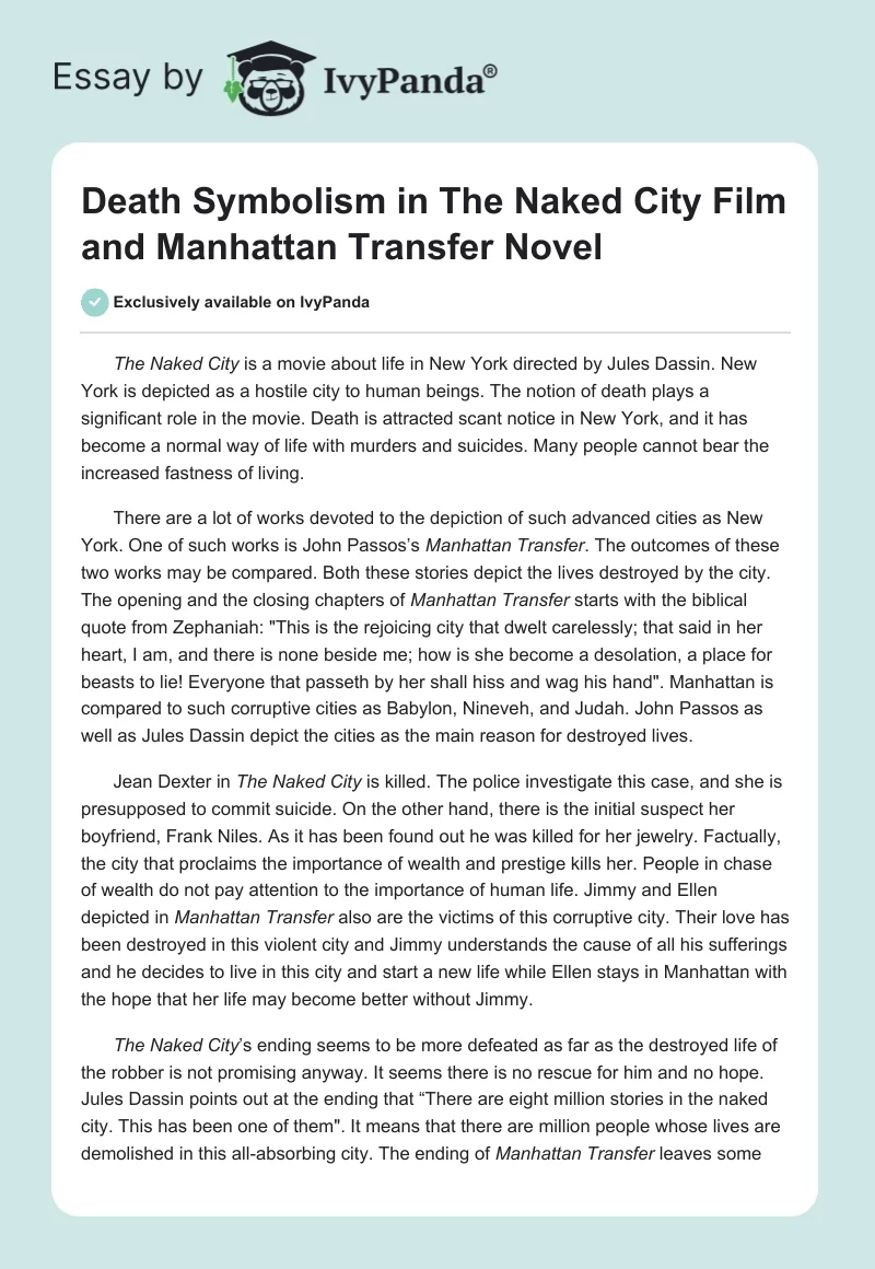 Death Symbolism in "The Naked City" Film and "Manhattan Transfer" Novel. Page 1