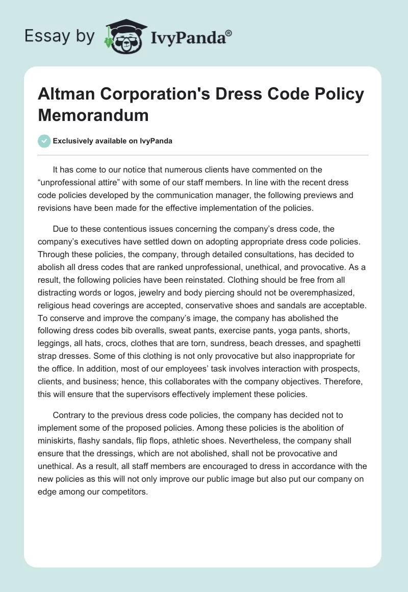Altman Corporation's Dress Code Policy Memorandum. Page 1