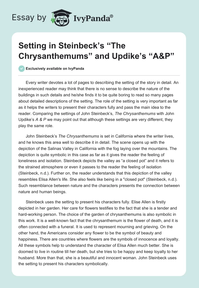 Setting in Steinbeck’s “The Chrysanthemums” and Updike’s “A&P”. Page 1