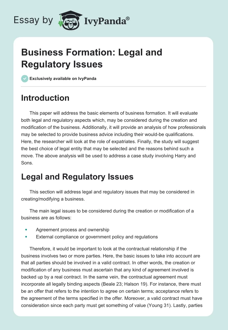 Business Formation: Legal and Regulatory Issues. Page 1