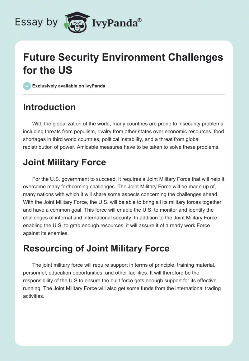 Future Security Environment Challenges for the US. Page 1