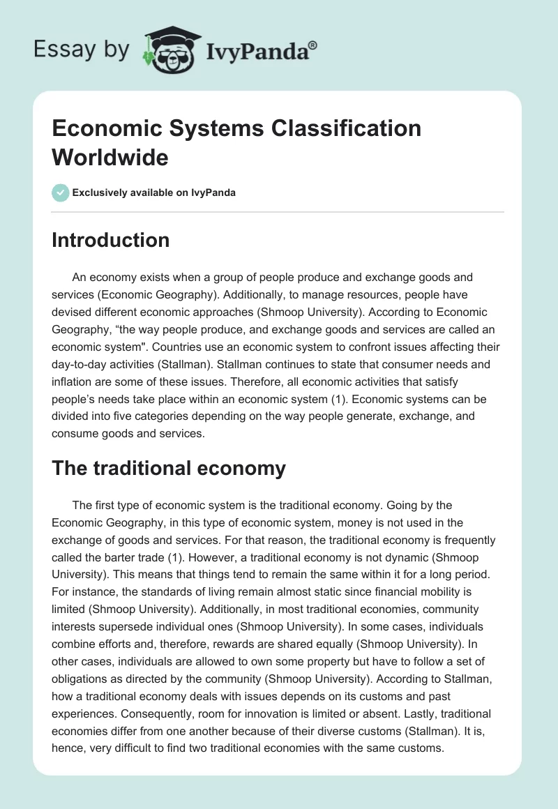 Economic Systems Classification Worldwide. Page 1