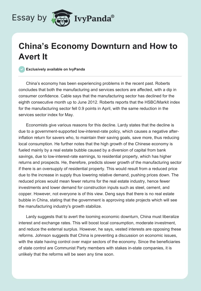 China’s Economy Downturn and How to Avert It. Page 1