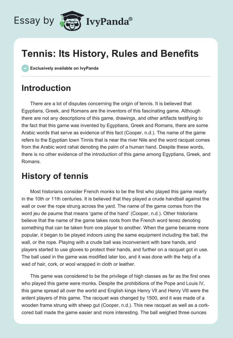Tennis: Its History, Rules and Benefits. Page 1