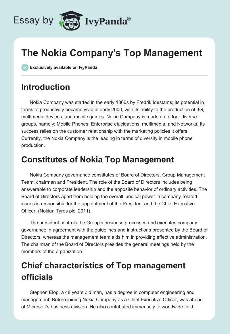 The Nokia Company's Top Management. Page 1