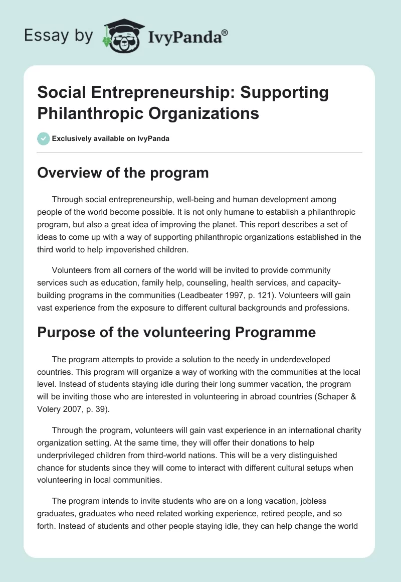 Social Entrepreneurship: Supporting Philanthropic Organizations. Page 1
