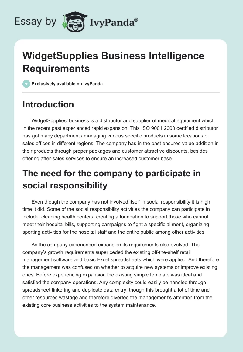 WidgetSupplies Business Intelligence Requirements. Page 1