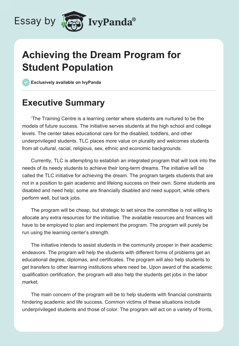 Achieving the Dream Program for Student Population. Page 1