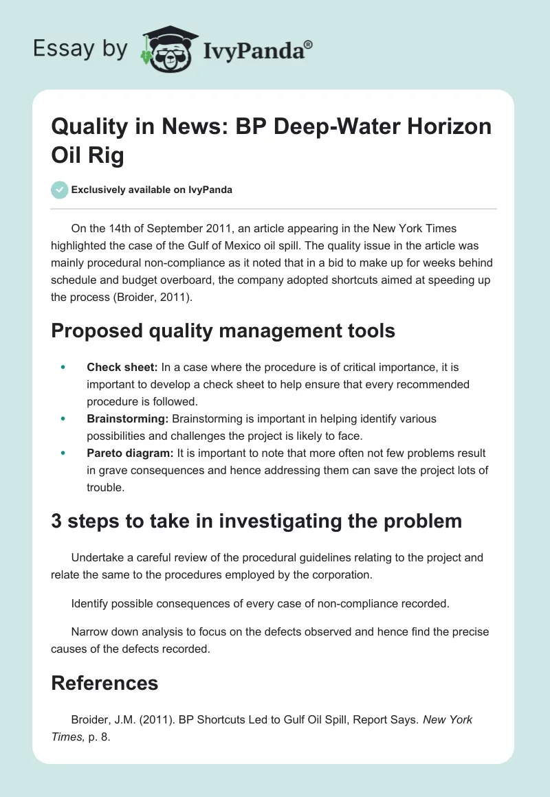Quality in News: BP Deep-Water Horizon Oil Rig. Page 1