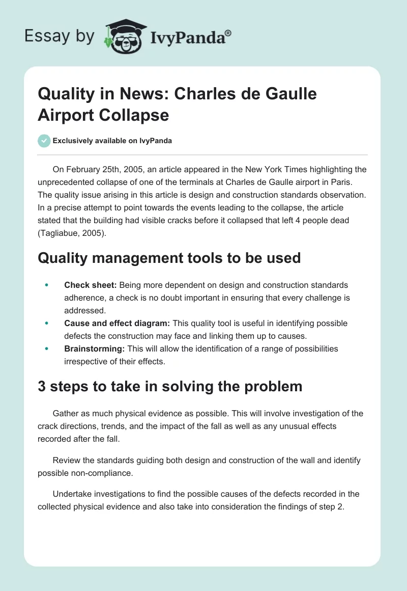 Quality in News: Charles de Gaulle Airport Collapse. Page 1