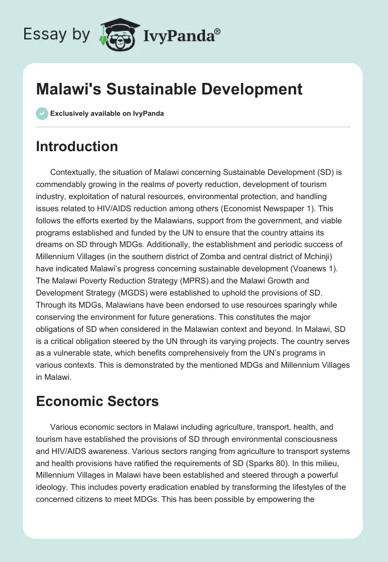 Malawi's Sustainable Development. Page 1