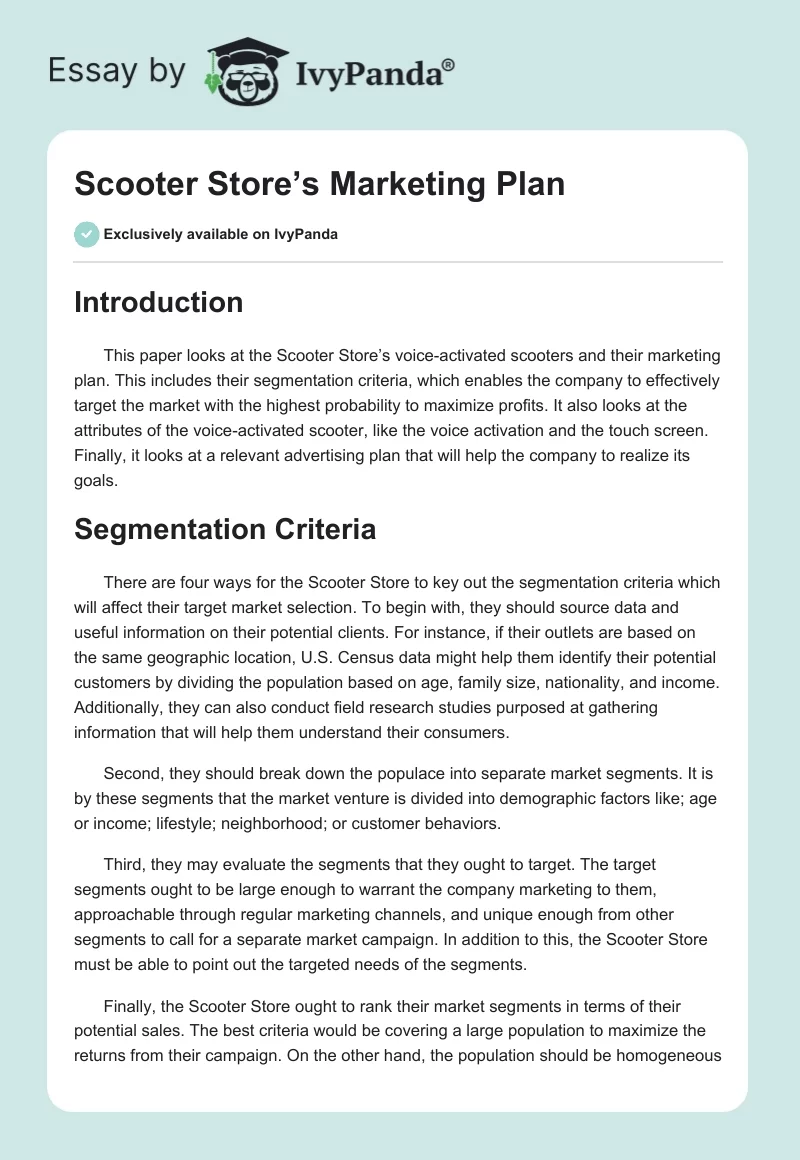 Scooter Store’s Marketing Plan. Page 1