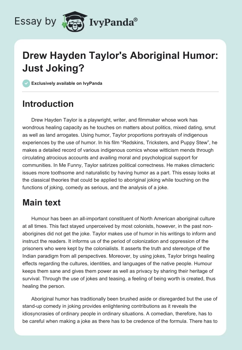 Drew Hayden Taylor's Aboriginal Humor: Just Joking?. Page 1