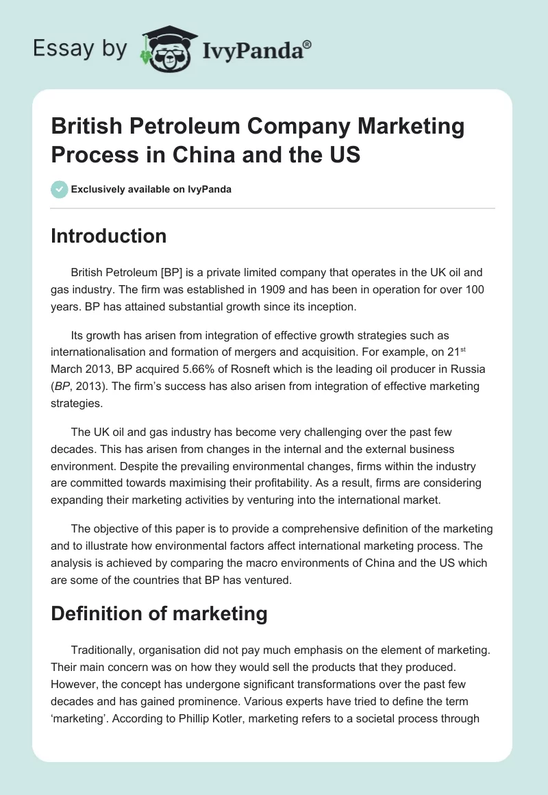 British Petroleum Company Marketing Process in China and the US. Page 1
