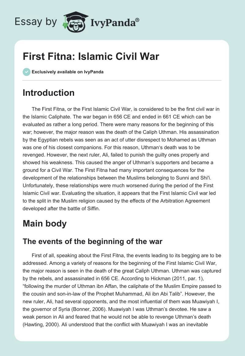 First Fitna: Islamic Civil War. Page 1