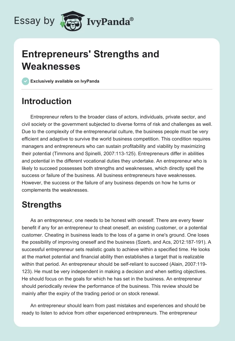 Entrepreneurs' Strengths and Weaknesses. Page 1