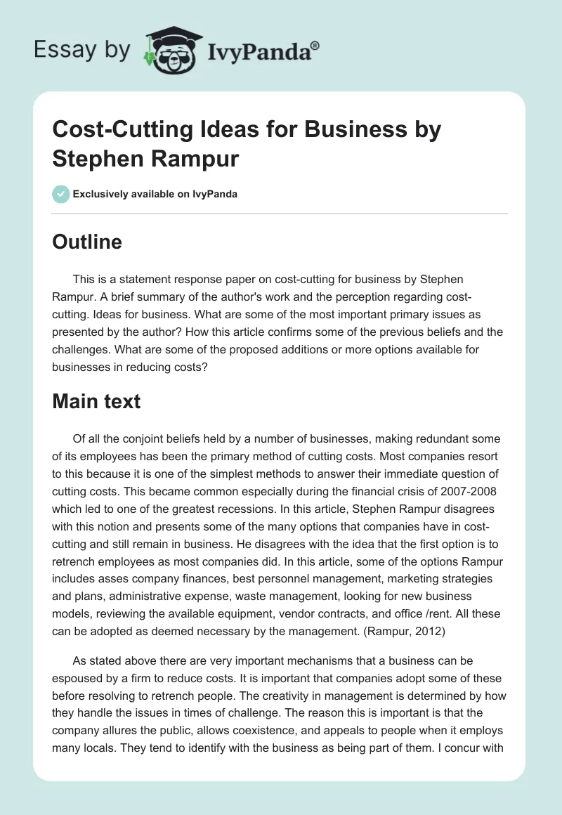 Cost-Cutting Ideas for Business by Stephen Rampur. Page 1