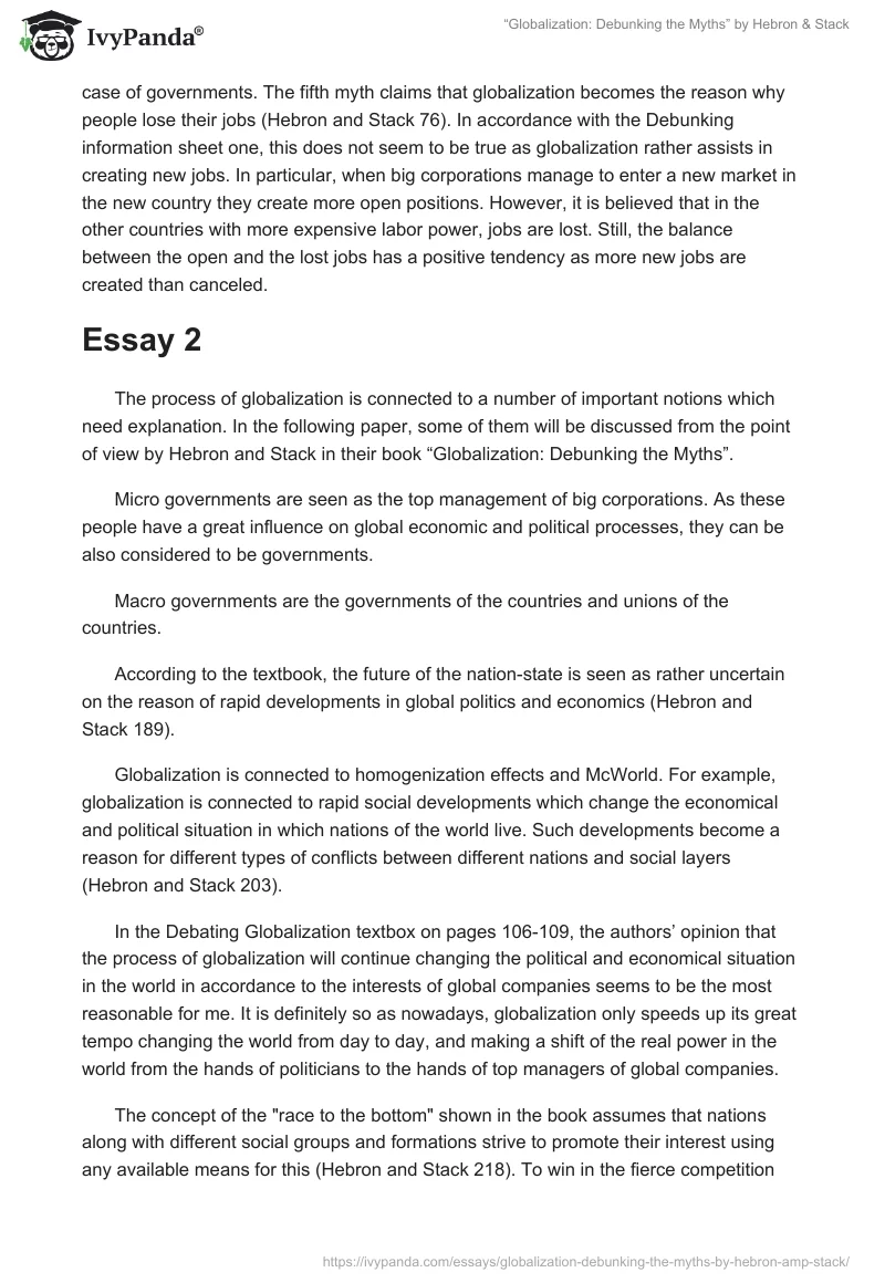 “Globalization: Debunking the Myths” by Hebron & Stack. Page 2