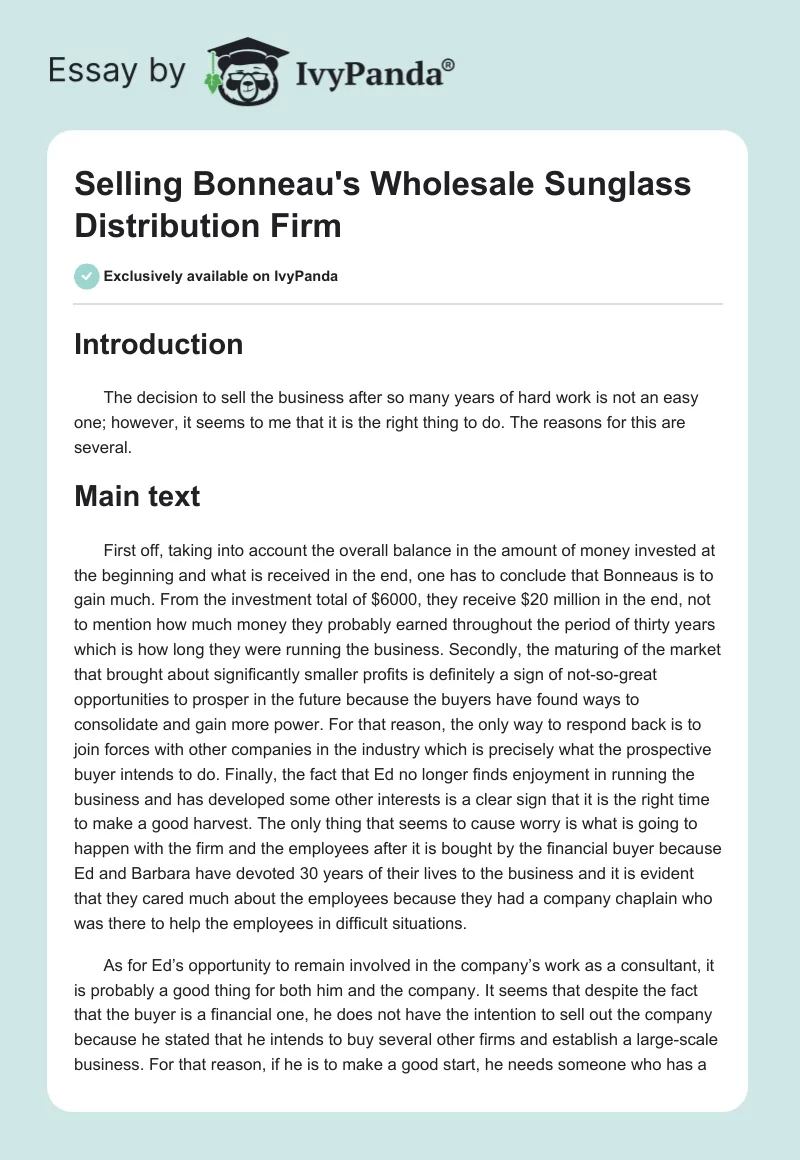 Selling Bonneau's Wholesale Sunglass Distribution Firm. Page 1