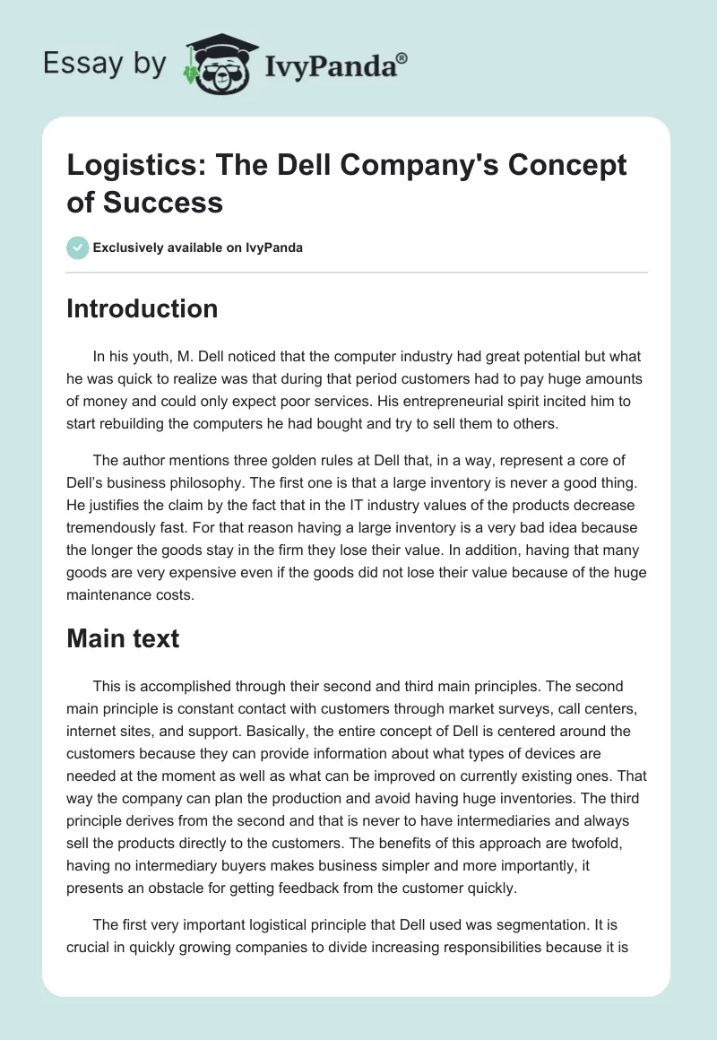 Logistics: The Dell Company's Concept of Success. Page 1