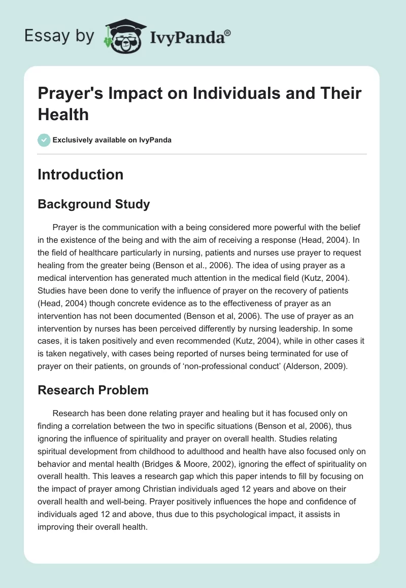 Prayer's Impact on Individuals and Their Health. Page 1