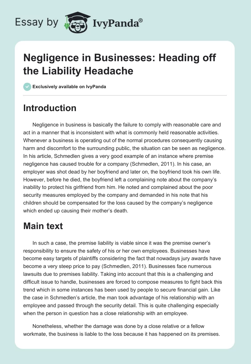 Negligence in Businesses: Heading off the Liability Headache. Page 1