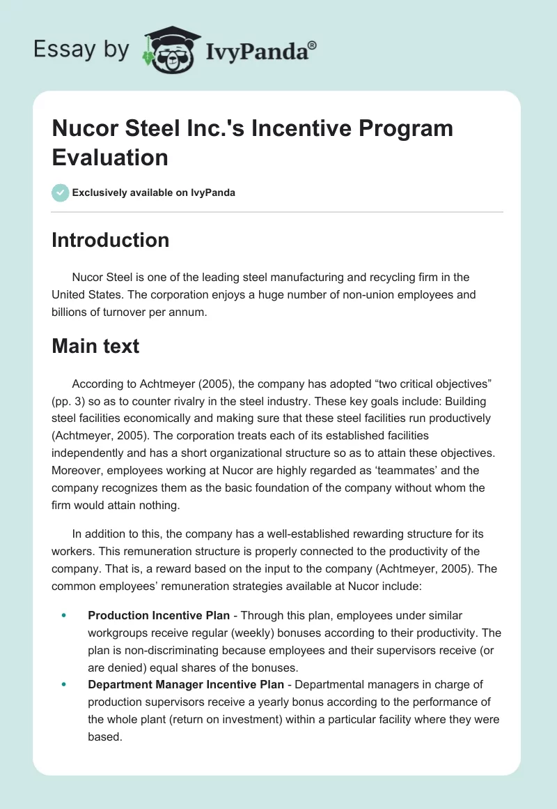 Nucor Steel Inc.'s Incentive Program Evaluation. Page 1