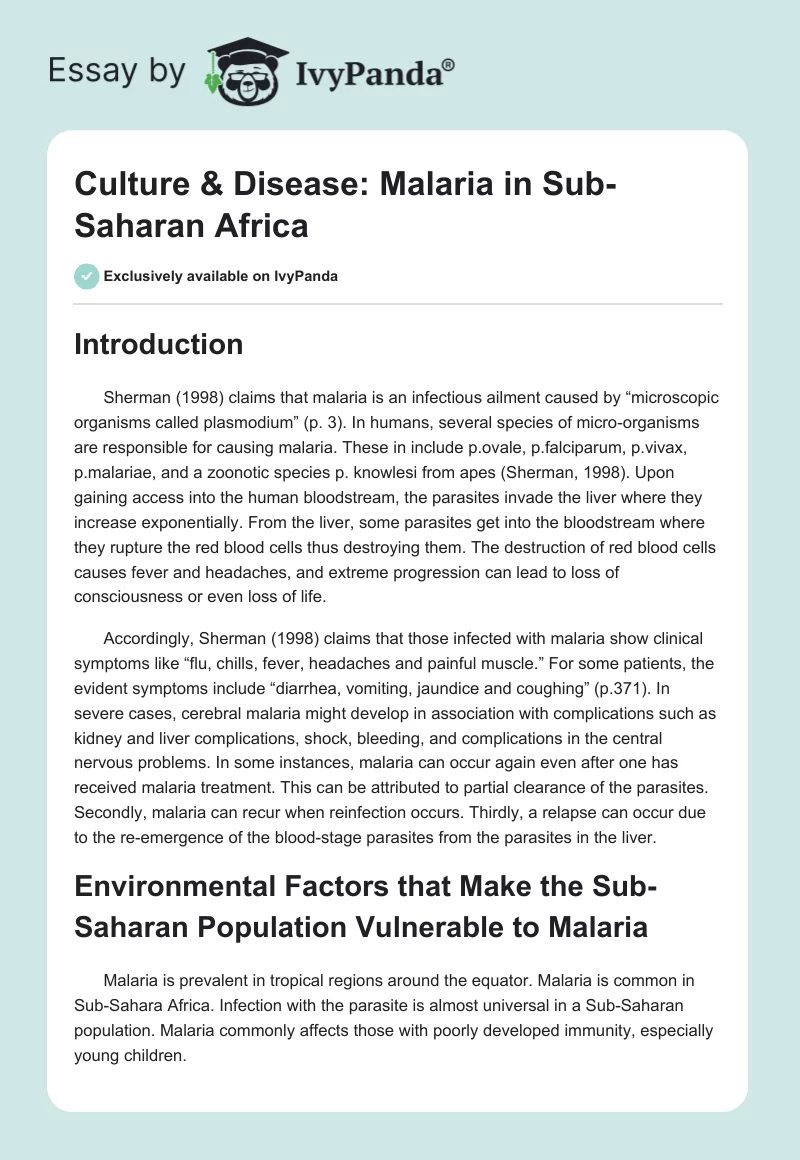 Culture & Disease: Malaria in Sub-Saharan Africa. Page 1