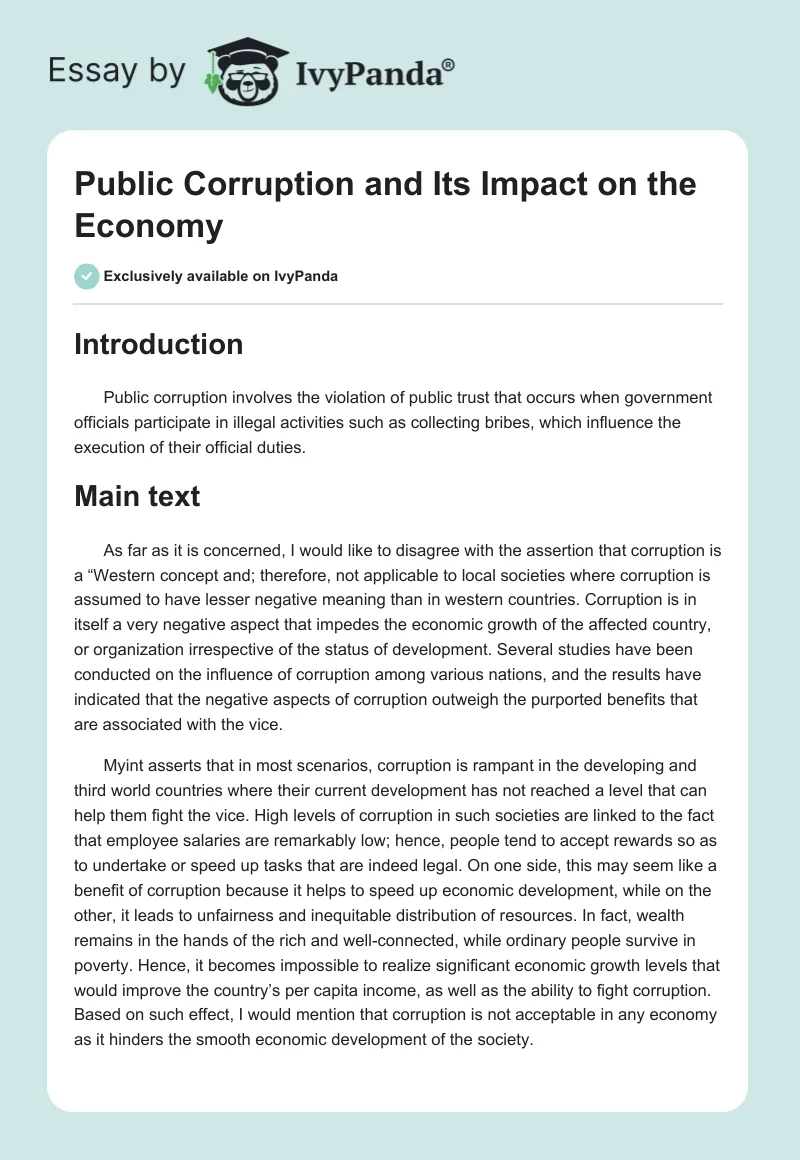 Public Corruption and Its Impact on the Economy. Page 1