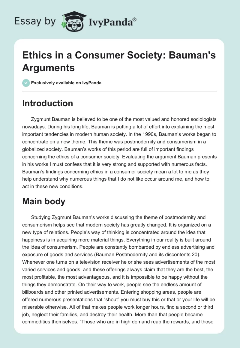 Ethics in a Consumer Society: Bauman's Arguments. Page 1