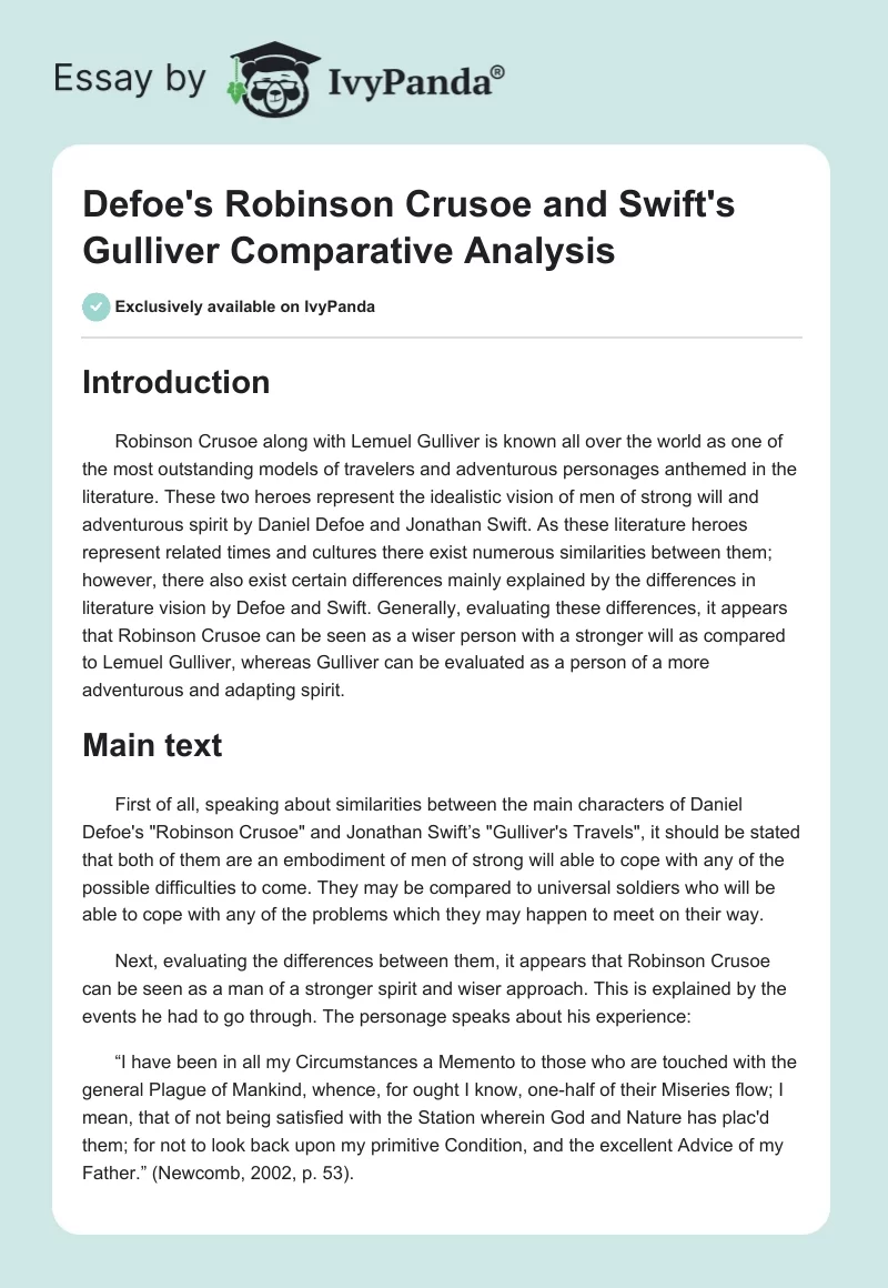 Defoe's "Robinson Crusoe" and Swift's "Gulliver" Comparative Analysis. Page 1