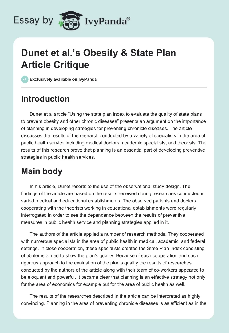 Dunet et al.’s Obesity & State Plan Article Critique. Page 1