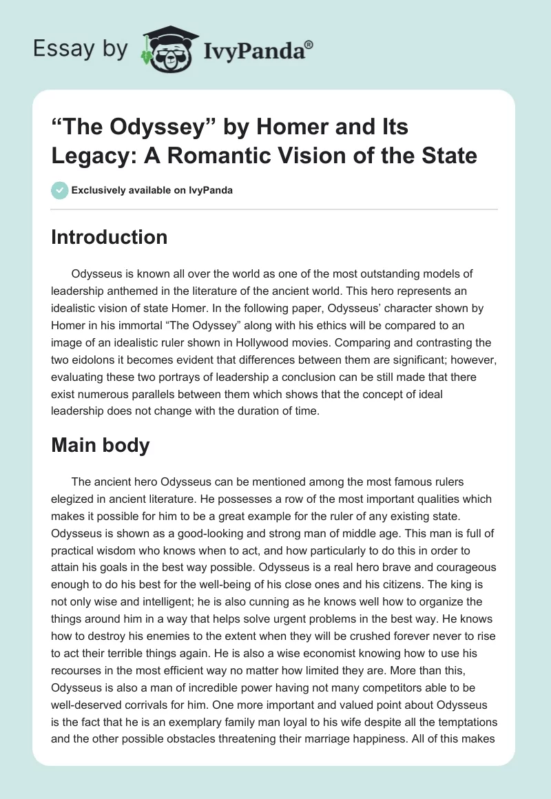 “The Odyssey” by Homer and Its Legacy: A Romantic Vision of the State. Page 1