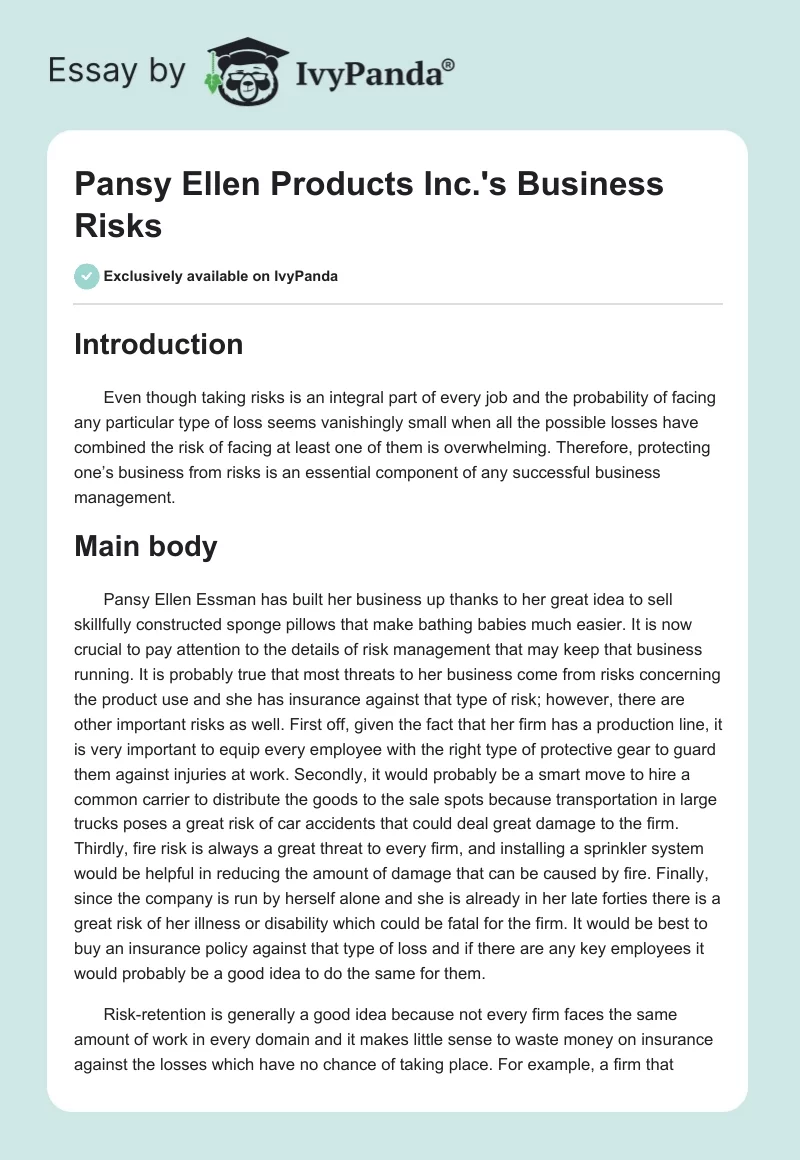 Pansy Ellen Products Inc.'s Business Risks. Page 1