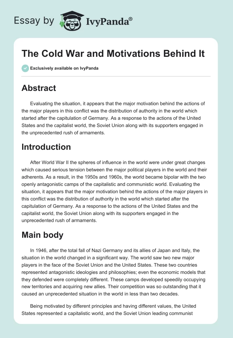 The Cold War and Motivations Behind It. Page 1