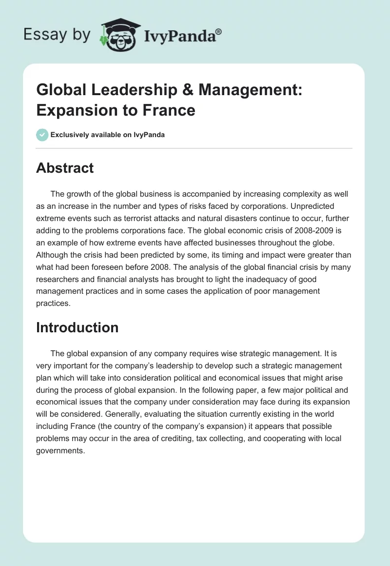 Global Leadership & Management: Expansion to France. Page 1