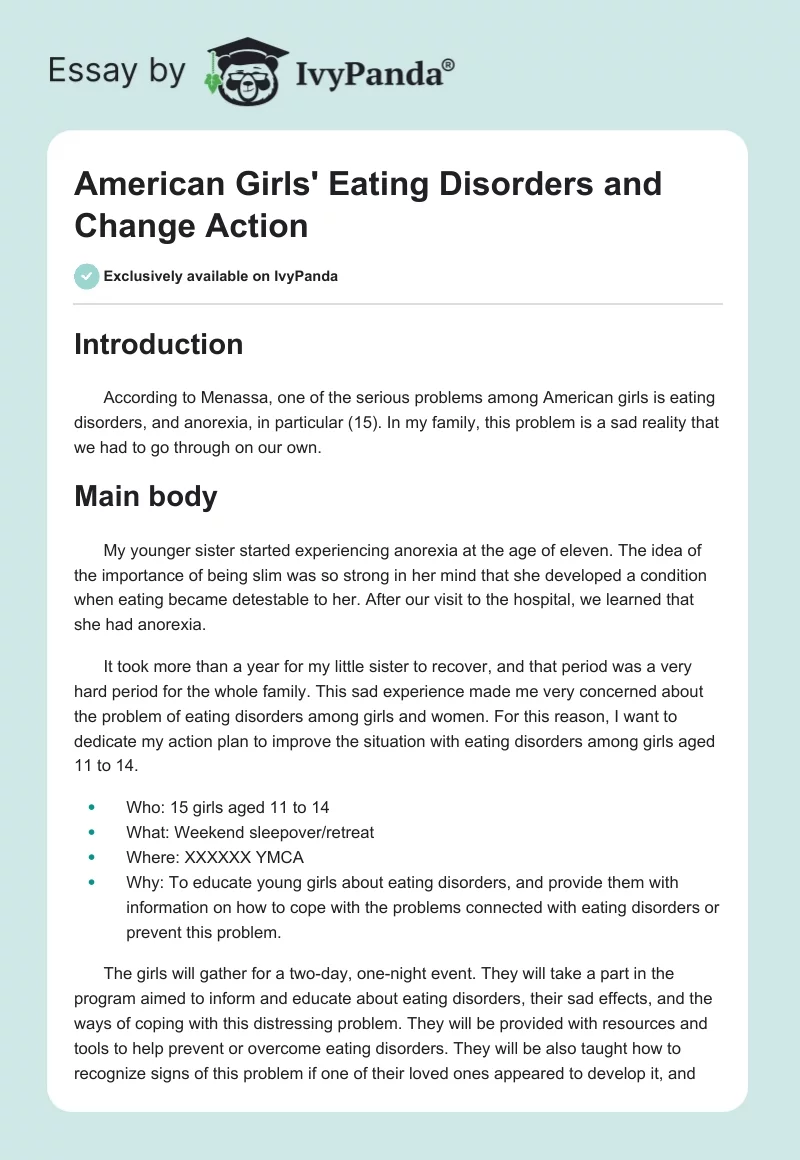 American Girls' Eating Disorders and Change Action. Page 1