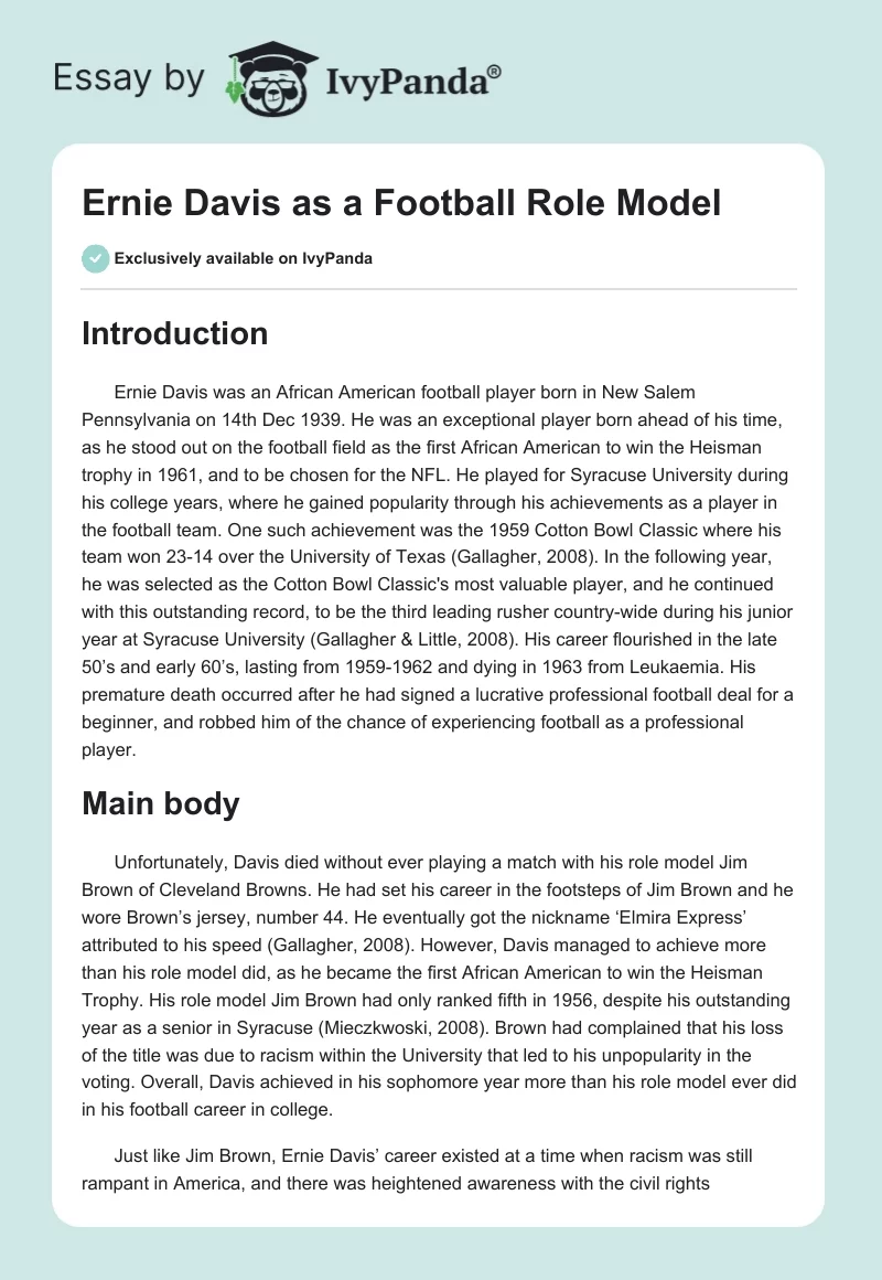 Ernie Davis as a Football Role Model. Page 1