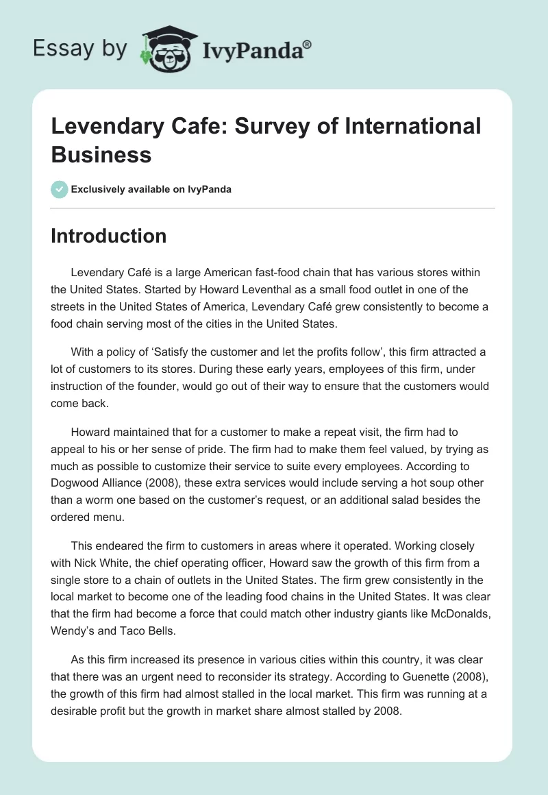 Levendary Cafe: Survey of International Business. Page 1