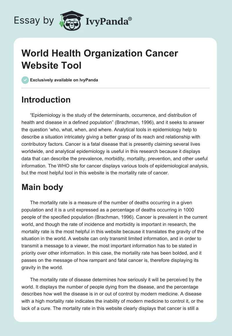World Health Organization Cancer Website Tool. Page 1