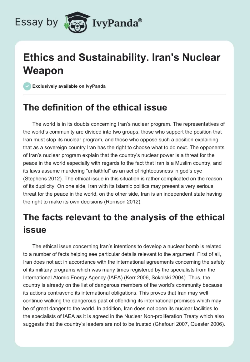 Ethics and Sustainability. Iran's Nuclear Weapon. Page 1