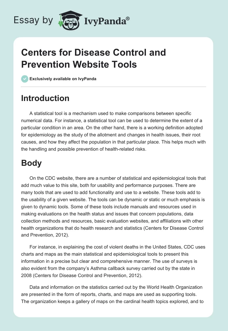 Centers for Disease Control and Prevention Website Tools. Page 1